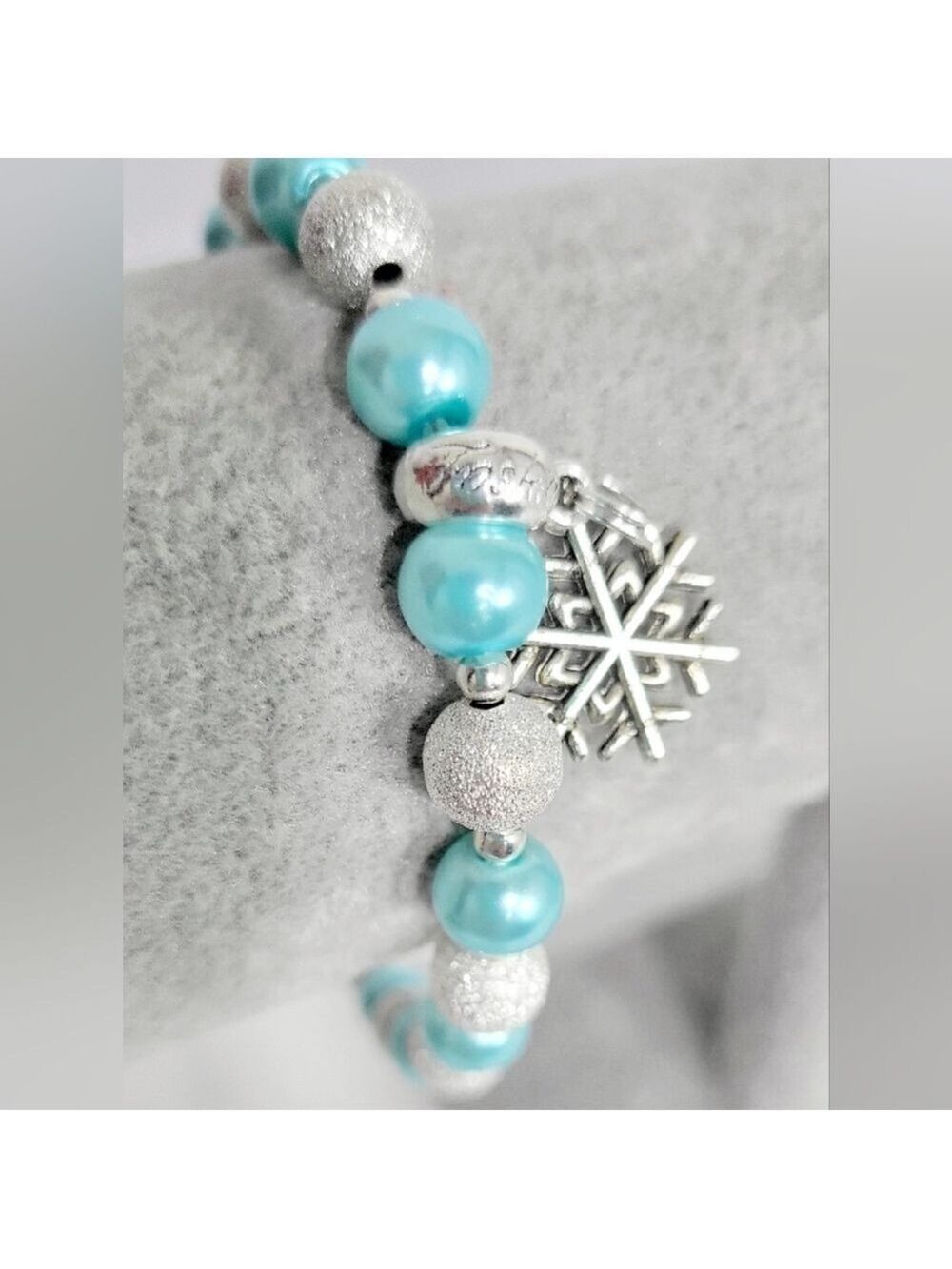 Hand Crafted Ice Blue Silver Beaded Snowflake Charm Bracelet 9 Inch